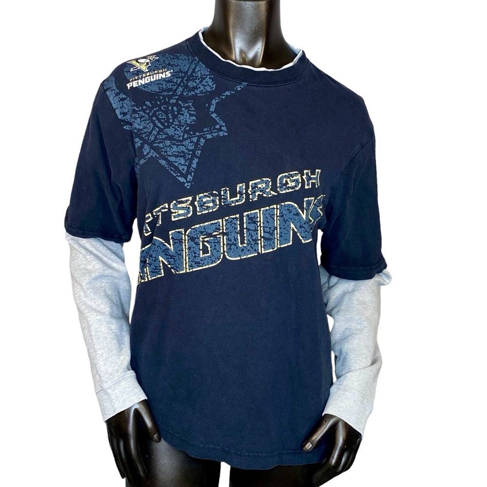 Pittsburgh Penguins Reebok Tee SZ Small Crew Waffle Knit Thermal Long Sleeve